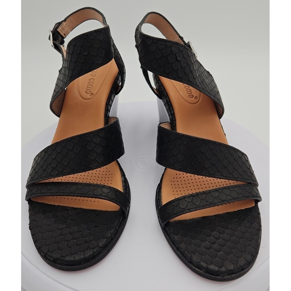 CC Corso Como NASHILA Black Leather W/7.5 Snake Accent Wedge Strappy Sandal NWOB - Picture 3 of 15